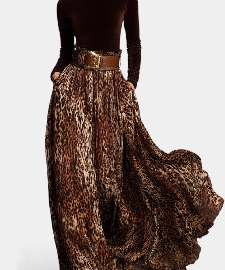 Women's Velvet Turtleneck & Leopard Skirt Set in Brown