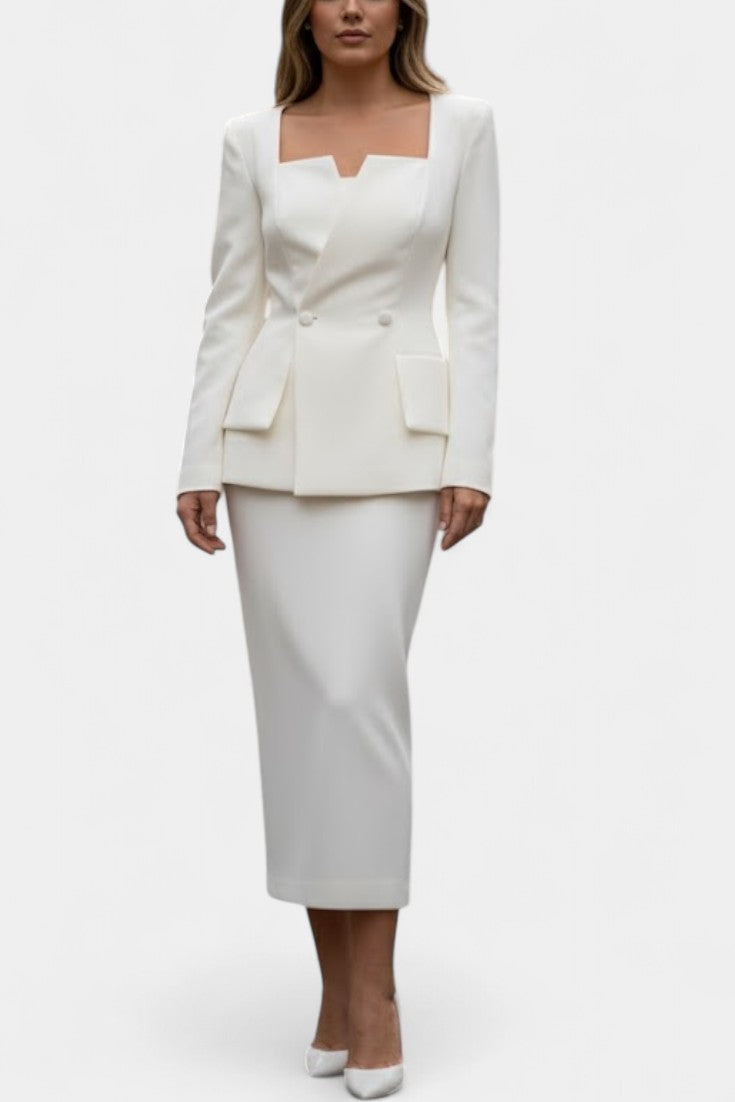 Blazer Set with Square Collar and Flowing Long Skirt in White