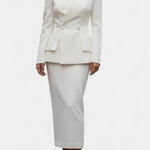 Blazer Set with Square Collar and Flowing Long Skirt in White