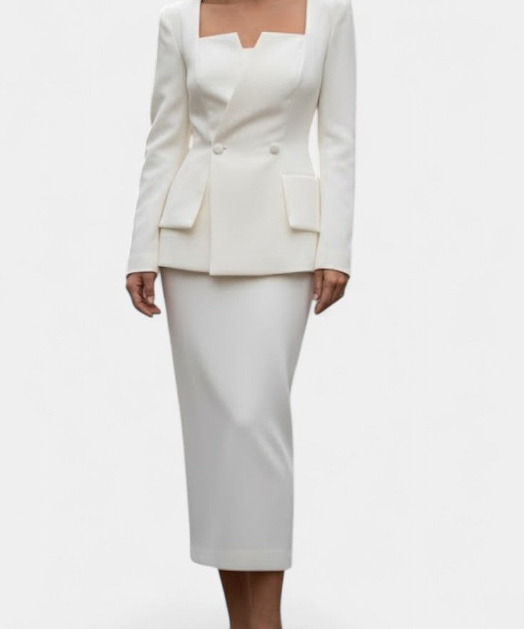 Blazer Set with Square Collar and Flowing Long Skirt in White