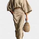 Long Sleeve Casual Ensemble with Flowing Maxi Skirt in Khaki