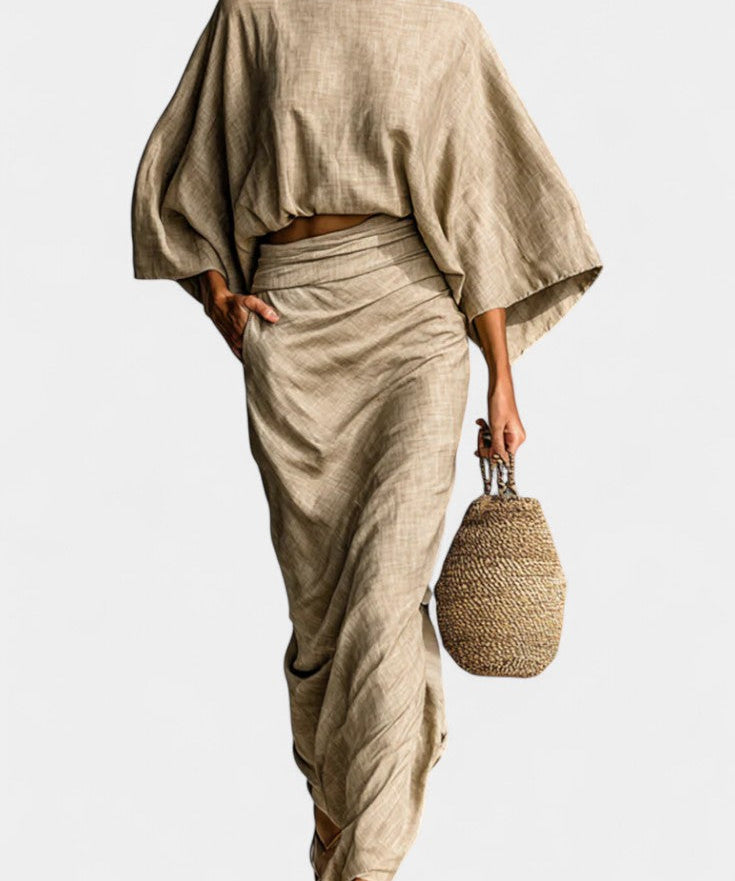 Long Sleeve Casual Ensemble with Flowing Maxi Skirt in Khaki