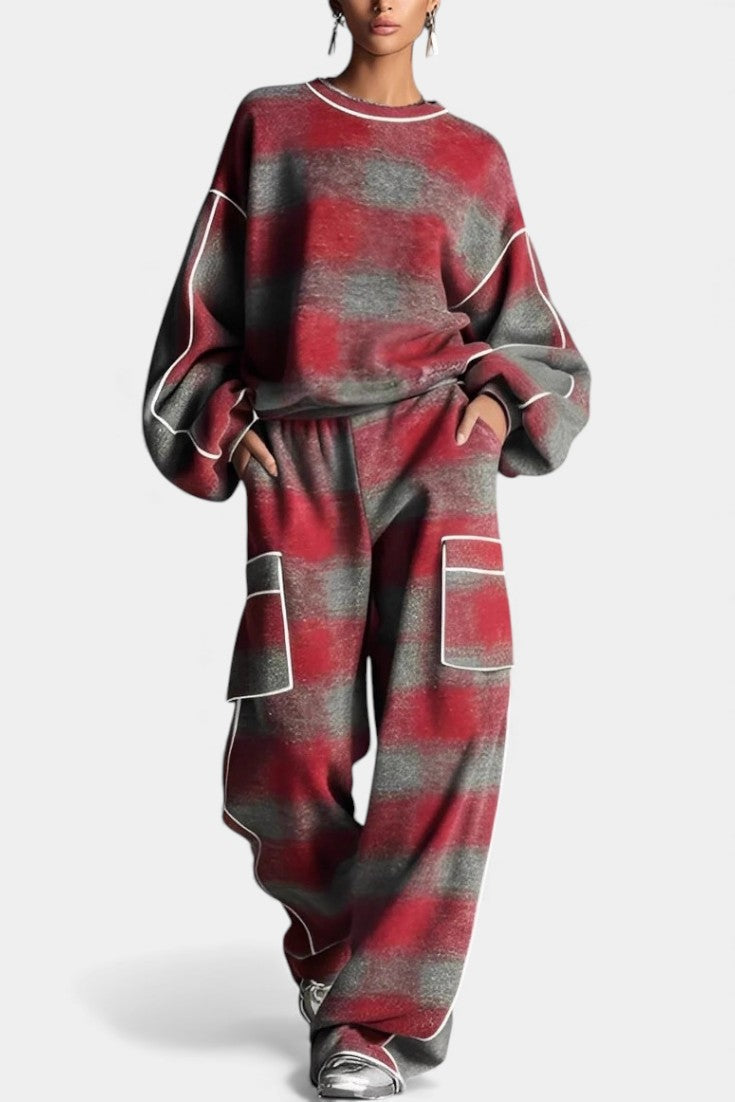 Women's Urban Checkered Color-Block Ensemble in Red Gray