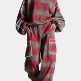 Women's Urban Checkered Color-Block Ensemble in Red Gray