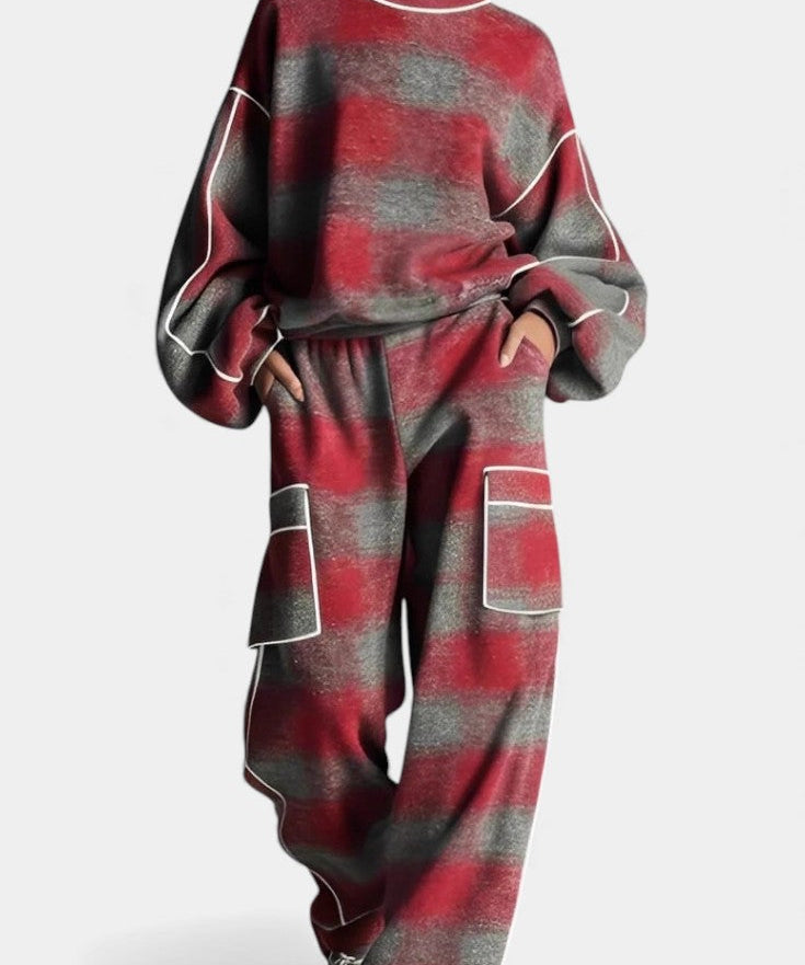 Women's Urban Checkered Color-Block Ensemble in Red Gray