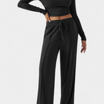 Elastic-Fit Viscose Yoga Set with Round Neck in Black