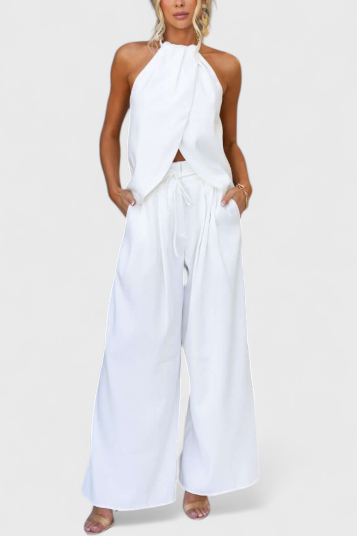Front Neckline Top with Wide Leg Pants in White
