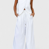 Front Neckline Top with Wide Leg Pants in White