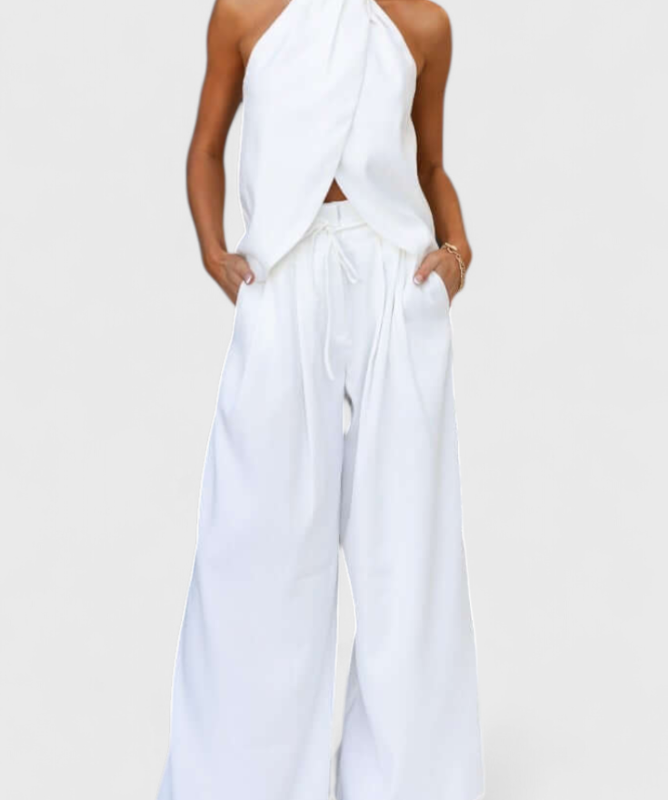 Front Neckline Top with Wide Leg Pants in White