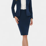 Chic Blazer and Pencil Skirt Ensemble with Notched Collar in Navy Blue