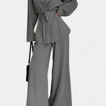 Women's V-Neck Blazer and Flared Pants Set in Gray