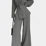Women's V-Neck Blazer and Flared Pants Set in Gray