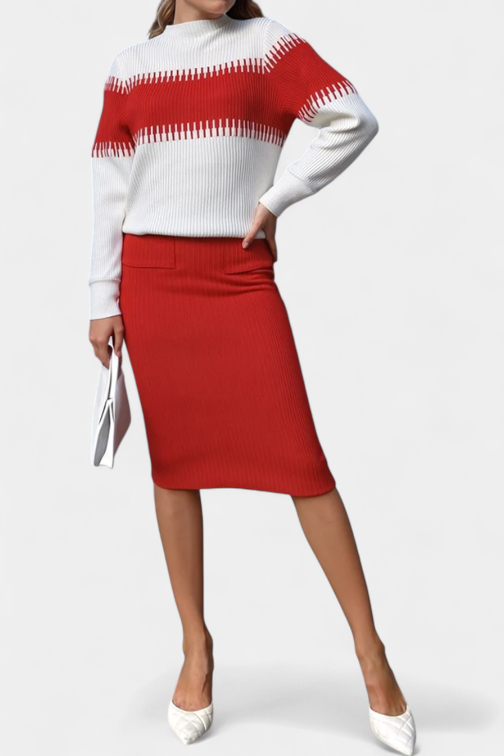 Two-Tone Long Sleeve Midi Knit Dress Ensemble in Red