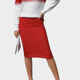 Two-Tone Long Sleeve Midi Knit Dress Ensemble in Red