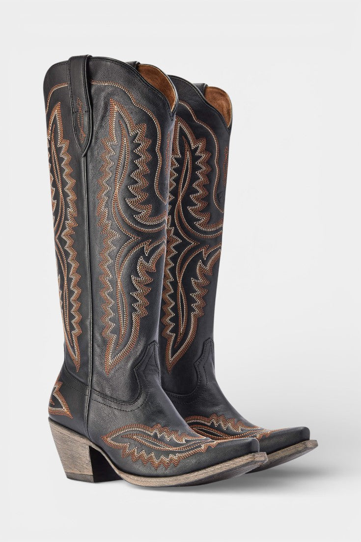 Retro Western Embroidered Pointed Toe Booties in Black Brown Line