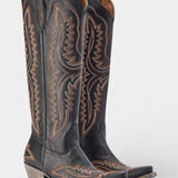 Retro Western Embroidered Pointed Toe Booties in Black Brown Line
