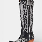 Retro Western Embroidered Pointed Toe Booties in Black White Line