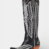 Retro Western Embroidered Pointed Toe Booties in Black White Line