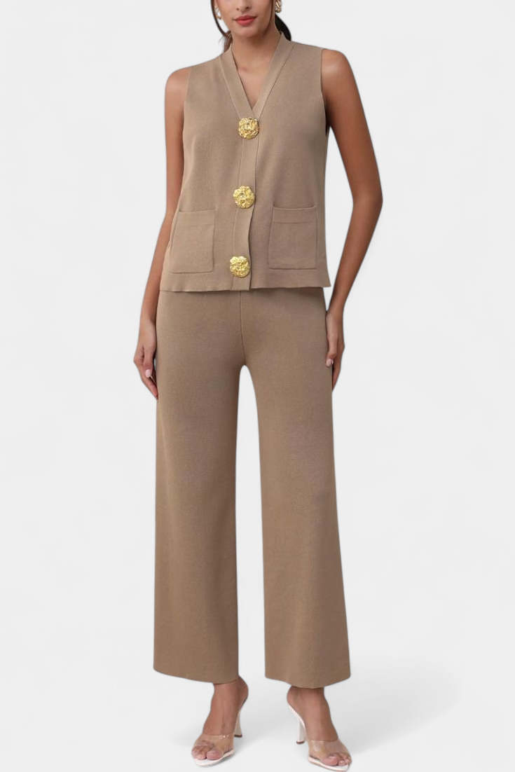 Women's Knit Vest with Wide-Leg Pants in Brown