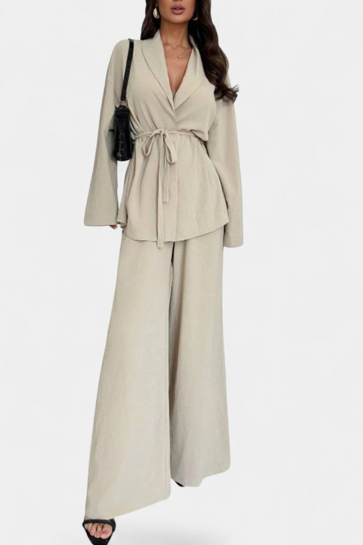 Women's V-Neck Blazer and Flared Pants Set in Apricot