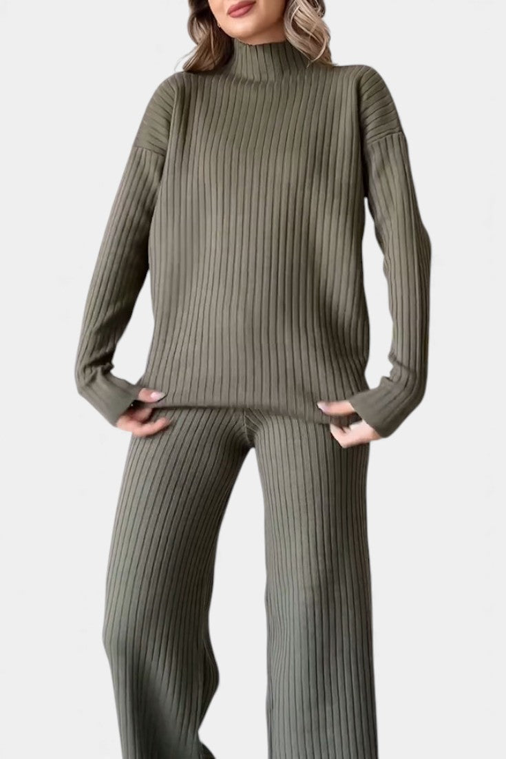 Stylish Casual Knit Set with Side Slit in Army Green