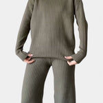 Stylish Casual Knit Set with Side Slit in Army Green
