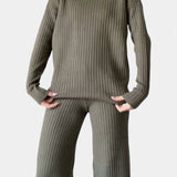 Stylish Casual Knit Set with Side Slit in Army Green