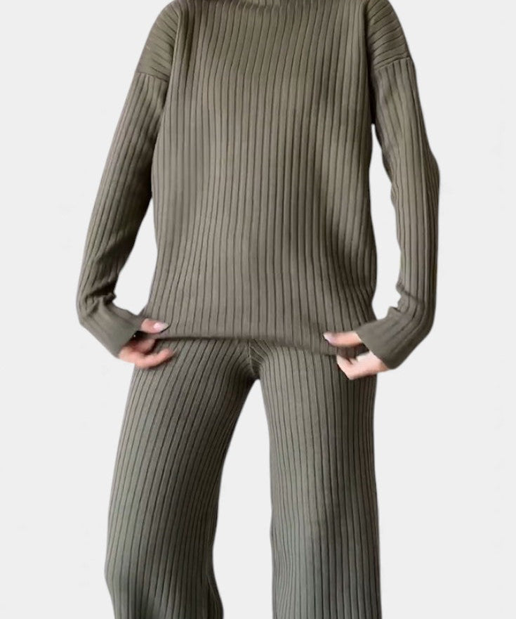 Stylish Casual Knit Set with Side Slit in Army Green