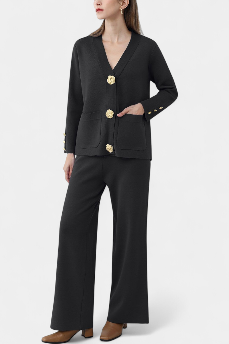 Classic Cardigan Set with Wide-Leg Pants in Black