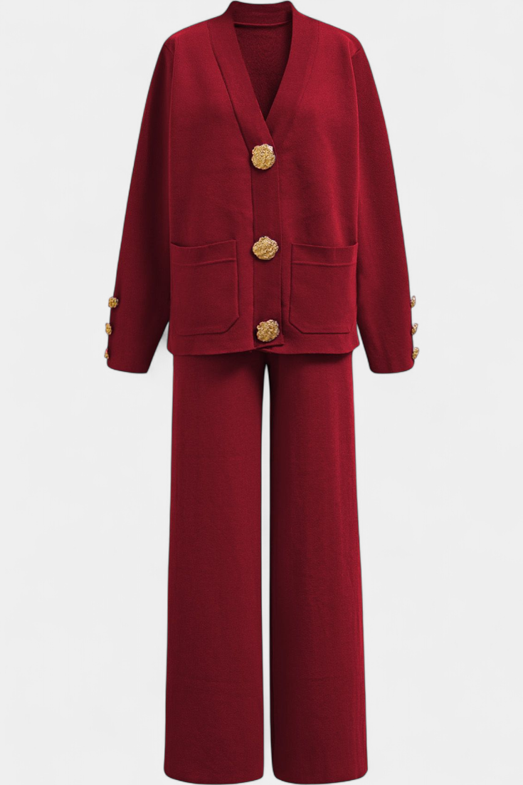 Classic Cardigan Set with Wide-Leg Pants in Burgundy