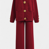 Classic Cardigan Set with Wide-Leg Pants in Burgundy