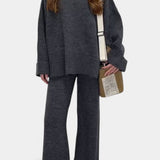 Relaxed Outfit with Round Neck Top and Flowing Pants in Dark Gray