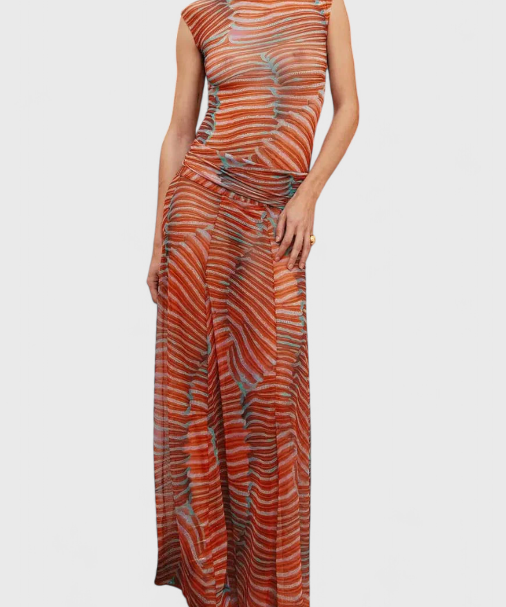 Psychedelic Wave Print Midi Skirt Set in Orange