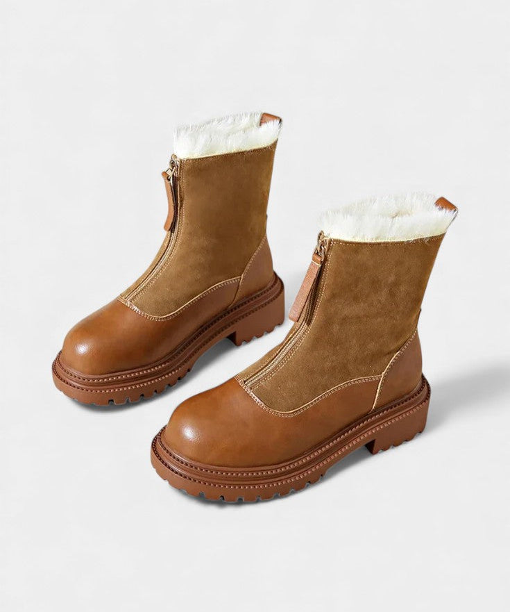 Women's Cleated Sole Boots with Faux Fur Trim in Brown