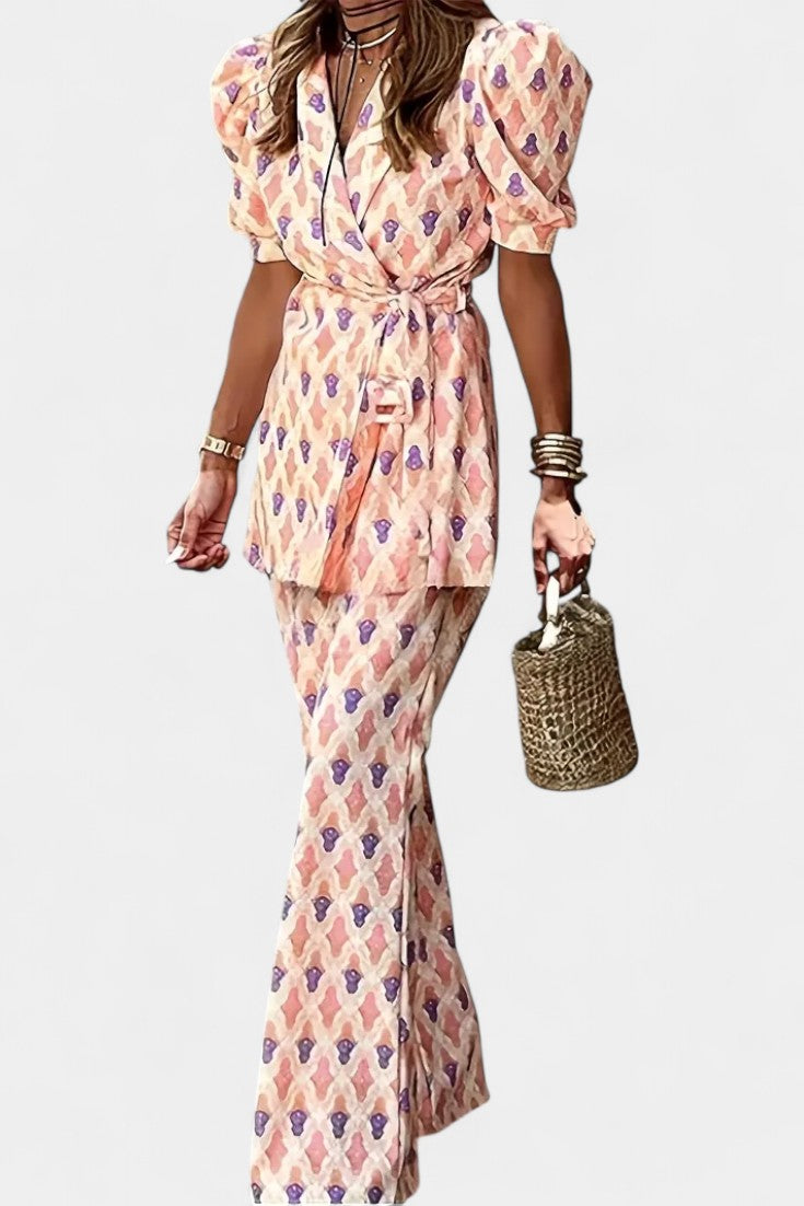 Puff-Sleeve Set with Flared Pants