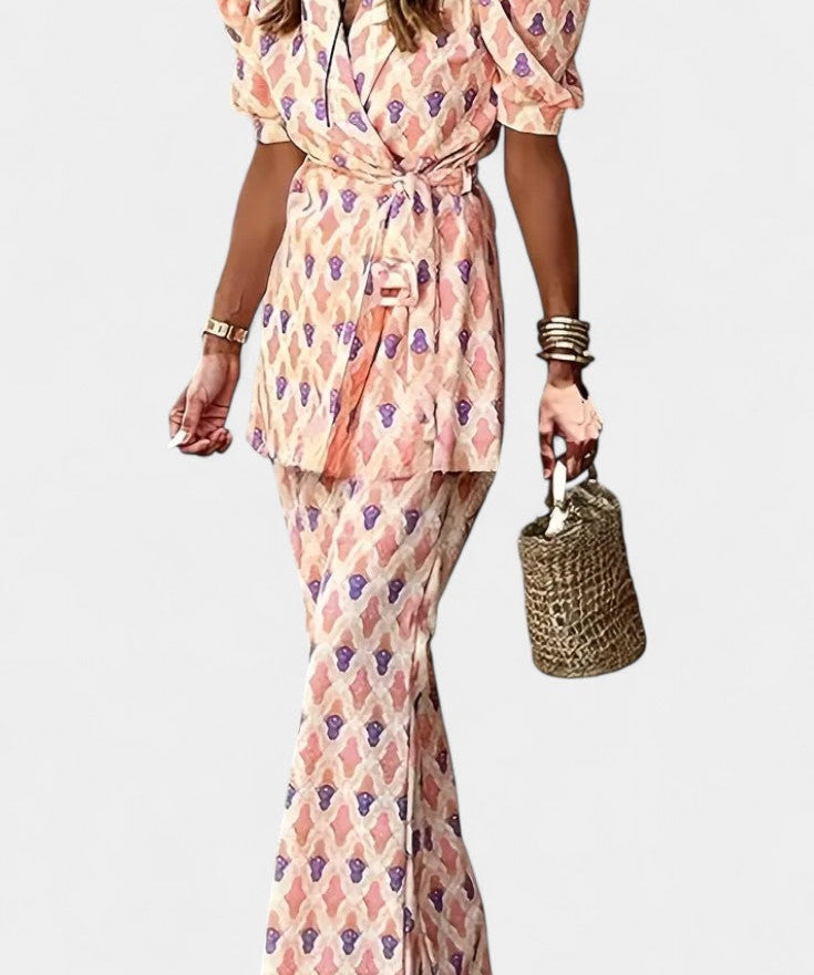 Puff-Sleeve Set with Flared Pants