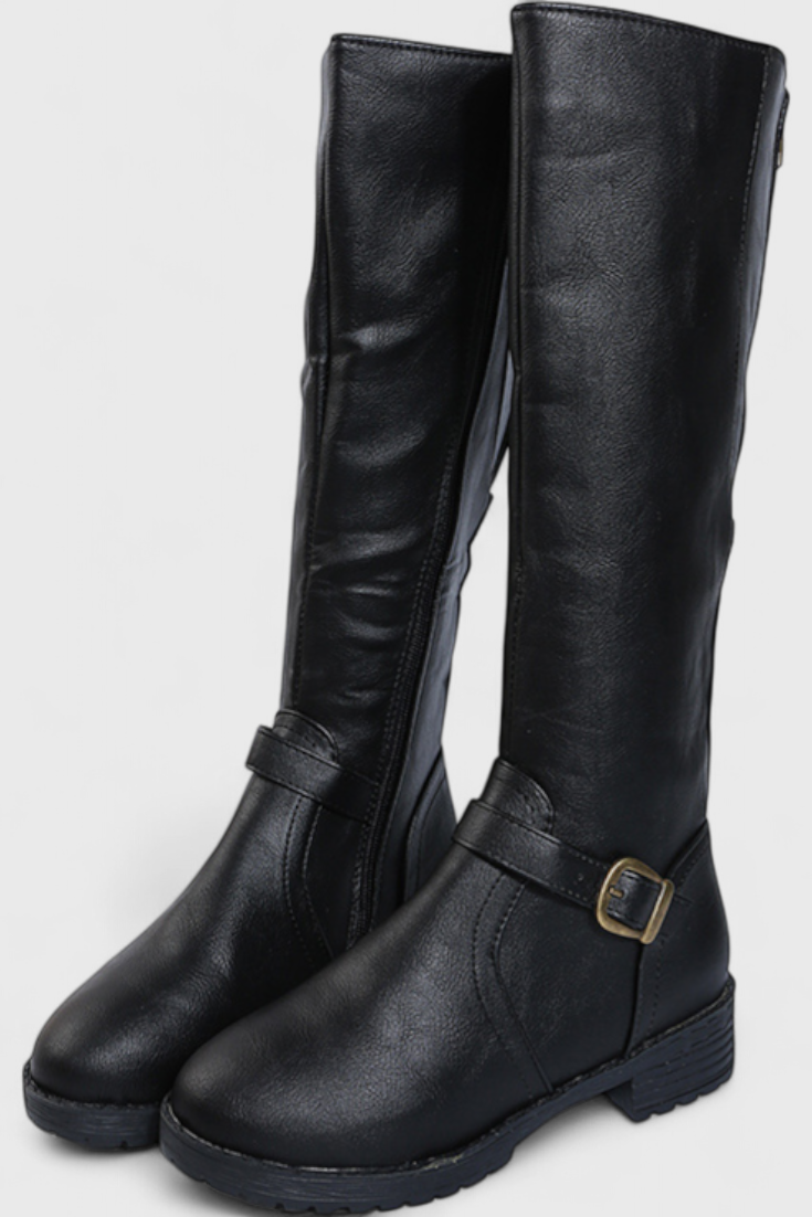Buckled High Boots with Zipper Closure in Black