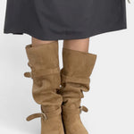 Pointed-Toe Western High Boots in Khaki