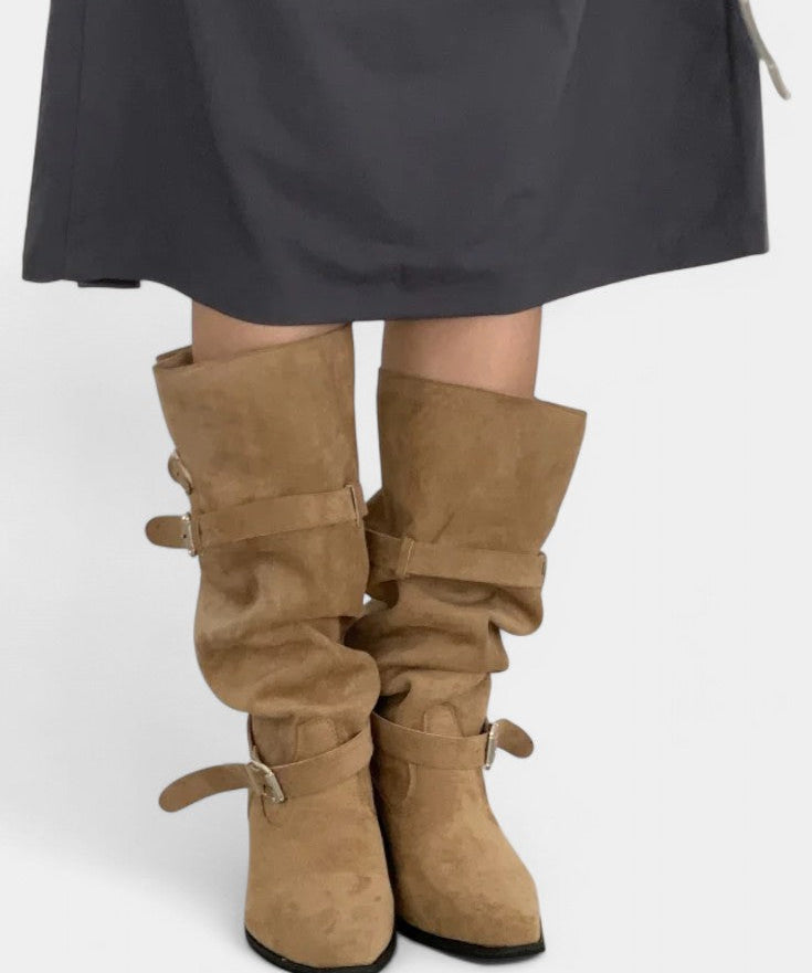 Pointed-Toe Western High Boots in Khaki