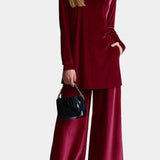 Velvet High-Top Sneakers and Split Pants with High Collar in Red