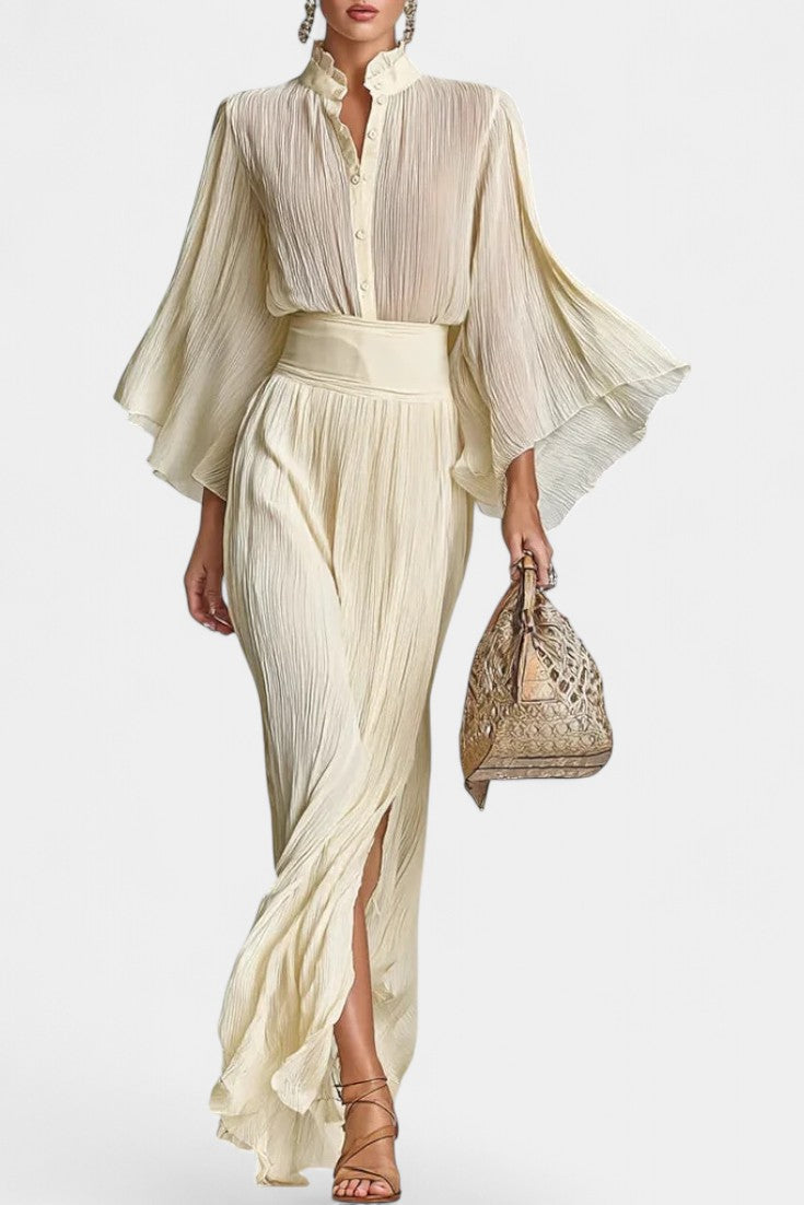 High-Collar Pleated Top & Long Slit Skirt in Beige