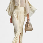High-Collar Pleated Top & Long Slit Skirt in Beige