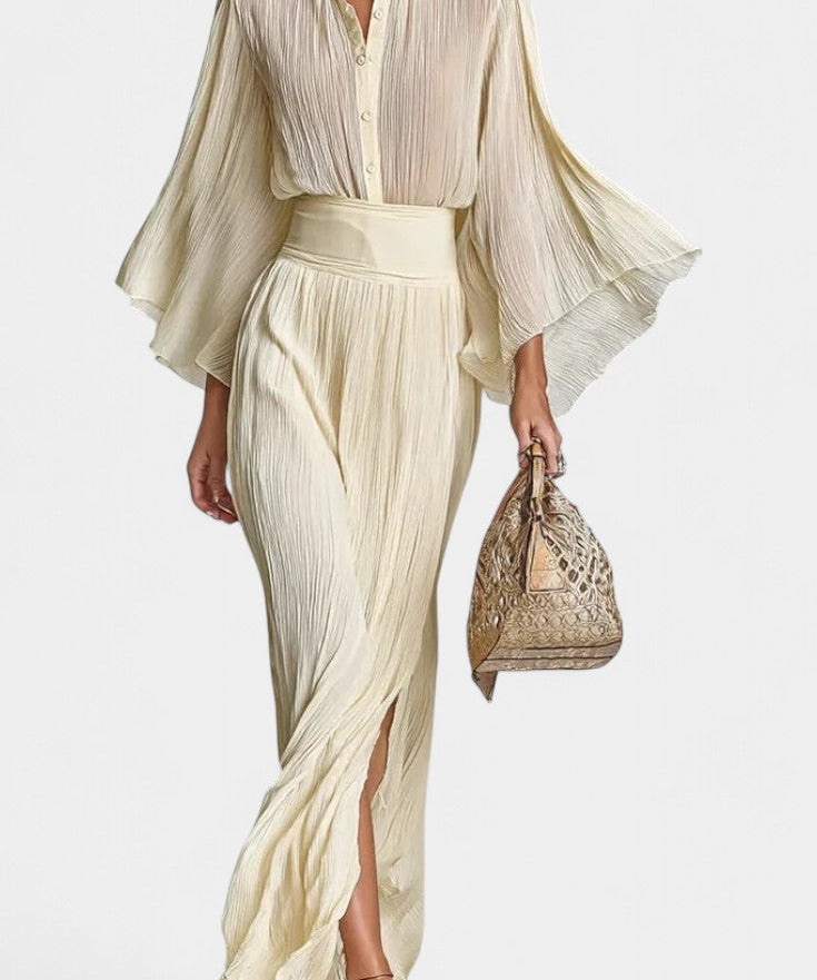 High-Collar Pleated Top & Long Slit Skirt in Beige