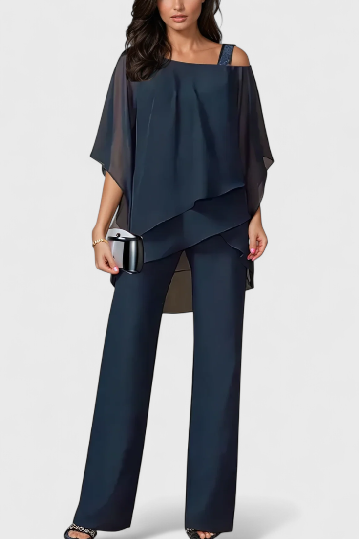 Flowy Off-Shoulder Two-Piece Kitty Set in Navy Blue