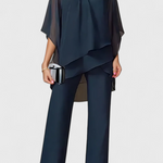 Flowy Off-Shoulder Two-Piece Kitty Set in Navy Blue