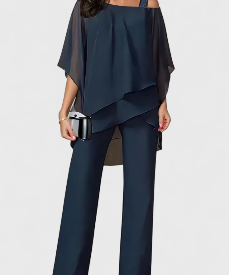 Flowy Off-Shoulder Two-Piece Kitty Set in Navy Blue
