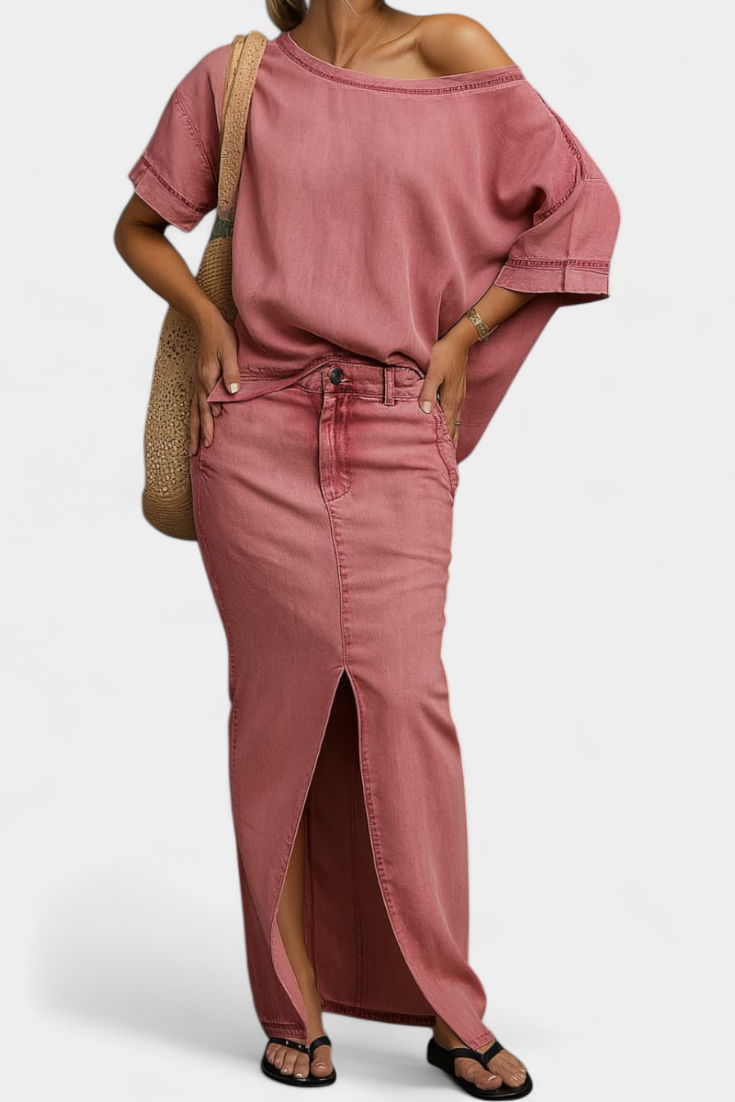 Asymmetrical Denim Set with Long Skirt in Red