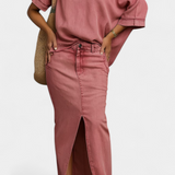 Asymmetrical Denim Set with Long Skirt in Red