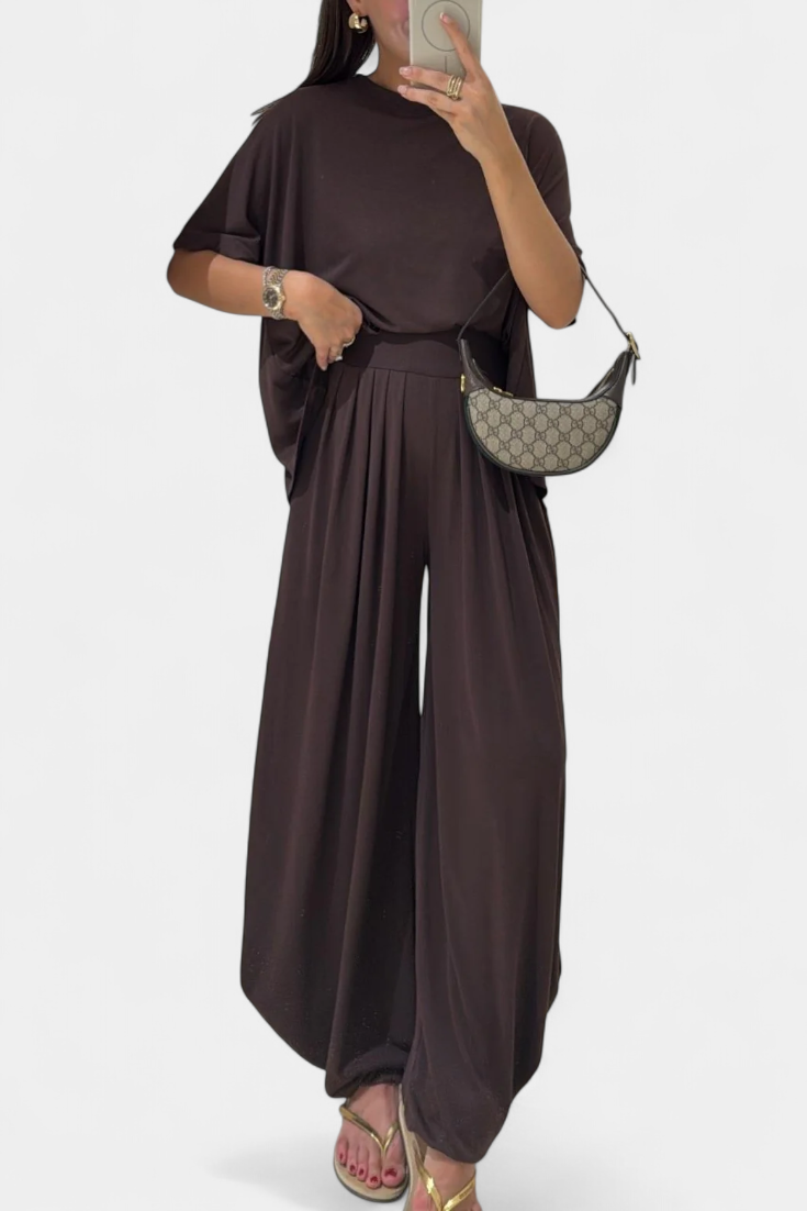 Women's Straight Top & Wide-Leg Pants in Brown