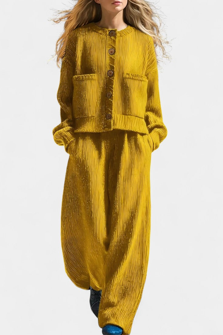 Knit Cardigan & Wide-Leg Pants Ensemble in Yellow